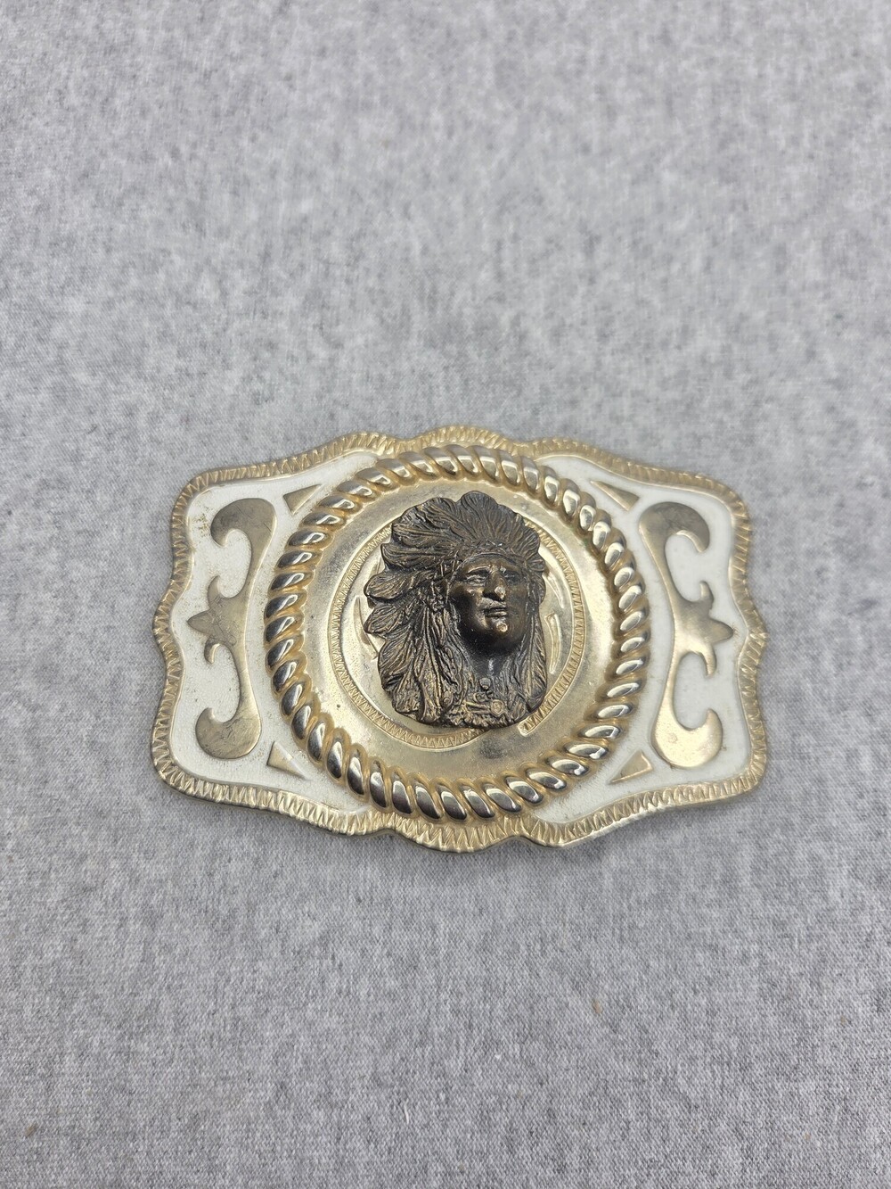 Native American Chief Bust Belt Buckle Vintage Bronze Southwestern Large Enamel